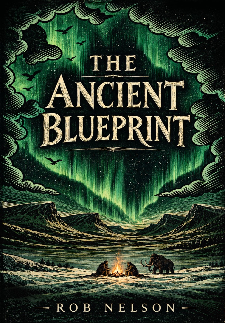 The cover of The Ancient Blueprint by Rob Nelson: two early humans by a fire under green northern lights, with a mammoth nearby